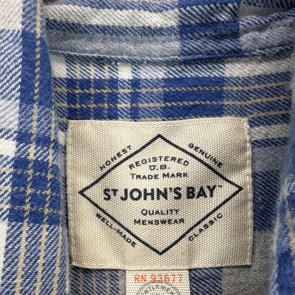 St Johns Bay Shirt Mens Large Blue Cream Plaid Flannel Long Sleeve Button Down - Picture 2 of 7